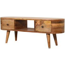 Artisan Furniture Oak-ish 2 Drawer Single Shelf Solid Wood Round Mini Entertainment Unit - thumbnail 3