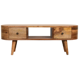 Artisan Furniture Oak-ish 2 Drawer Single Shelf Solid Wood Round Mini Entertainment Unit - thumbnail 2