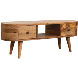 Artisan Furniture Oak-ish 2 Drawer Single Shelf Solid Wood Round Mini Entertainment Unit - thumbnail 4