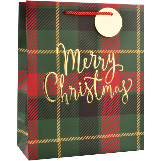 Single Red and Green Large Tartan Merry Christmas Bag in Assorted styles - image 1