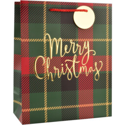 Single Red and Green Large Tartan Merry Christmas Bag in Assorted styles - thumbnail 1