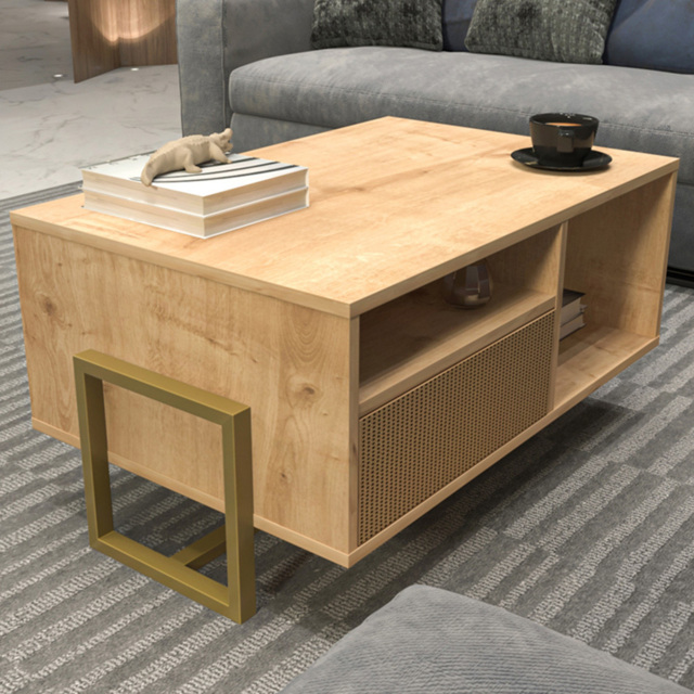 Decorotika Utopie Oak and Rattan 2 Shelf Coffee Table - image 1
