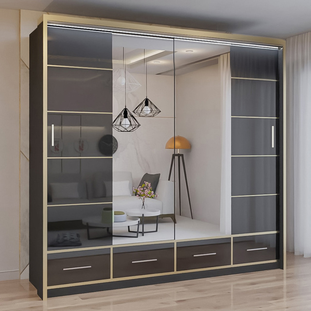 Sliding Wardrobes 4U Sydney Black High Gloss 2 Door 4 Drawer Mirror Wardrobe - image 1