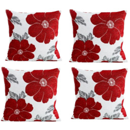 Alan Symonds Chenille Red Poppy Floral Cushion with Polyester Filled Pad 45 x 45cm 4 Pack