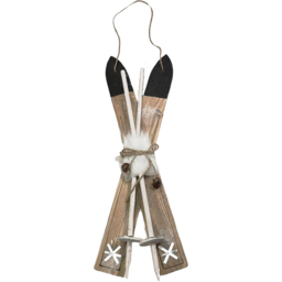 Samuel Alexander White Fur and Silver Bells Wooden Skis Christmas Decoration 55cm
