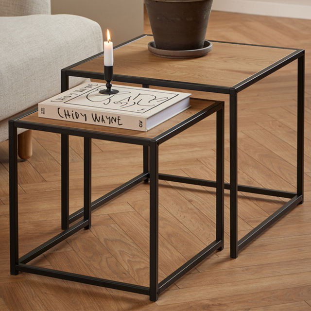 Furniture To Go Seaford Black Metal Nest of Tables with Oak Top - image 1