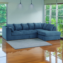 Luxor 5 Seater Marine Blue Jumbo Cord Right Hand L Shaped Corner Sofa with Scatter Back