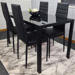 Kosy Koala 4 Seater Glass and Faux Leather Dining Set Black