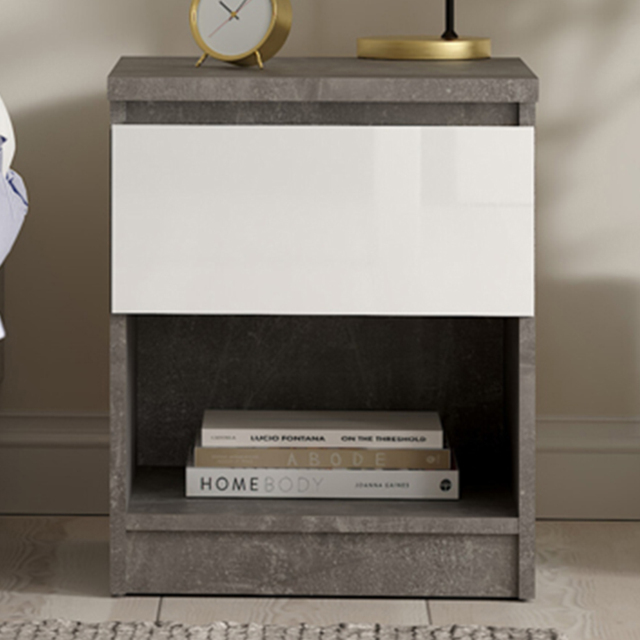 Florence Single Drawer Single Shelf Concrete and White High Gloss Bedside Table - image 1