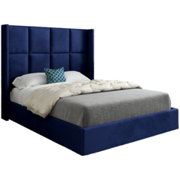 Quanta Small Single Blue Soft Velvet Upholstered Bed Frame with Straight Winged Headboard - thumbnail 2