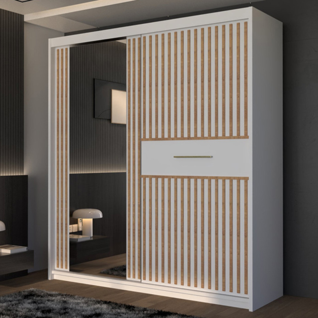 M N Furniture Laiyal 2 Door White Mirrored Sliding Wardrobe with Oak Strip 203cm - image 1