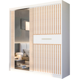 M N Furniture Laiyal 2 Door White Mirrored Sliding Wardrobe with Oak Strip 203cm - thumbnail 2