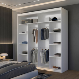 M N Furniture Laiyal 2 Door White Mirrored Sliding Wardrobe with Oak Strip 203cm - thumbnail 4