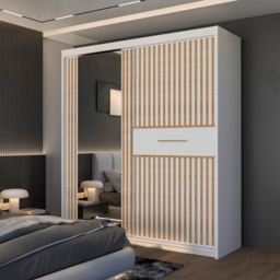 M N Furniture Laiyal 2 Door White Mirrored Sliding Wardrobe with Oak Strip 203cm - thumbnail 3