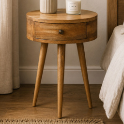 Artisan Furniture Oak-ish Single Drawer Solid Wood Mini Circular Shape Bedside Table - thumbnail 1