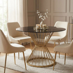 Premier Housewares Anzio Black Glass Round Dining Table with Gold Hourglass Base - thumbnail 3
