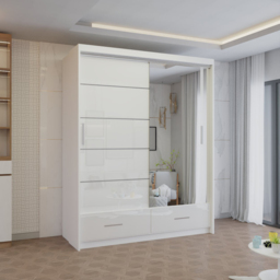 M N Furniture Seliyaa 2 Door 2 Drawer White High Gloss Sliding Door Wardrobe 150cm - thumbnail 4