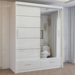 M N Furniture Seliyaa 2 Door 2 Drawer White High Gloss Sliding Door Wardrobe 150cm