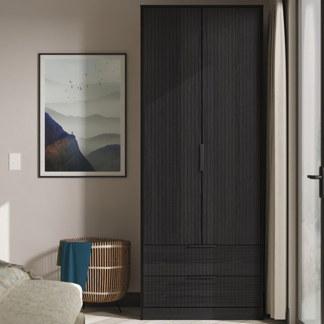 Crowndale Fluted 2 Door 2 Drawer Black Ash Tall Wardrobe Ready Assembled - image 1