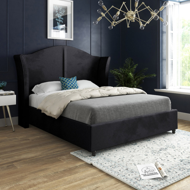 Zampa Super King Size Black Soft Velvet Upholstered Bed Frame with Curved Winged Headboard - image 1