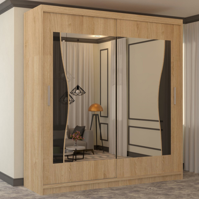 M N Furniture Banton 2 Door Oak Curved Mirrored Sliding Wardrobe 150cm - image 1