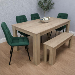 Kosy Koala 6 Seater Velvet Dining Bench Set Oak Effect and Green
