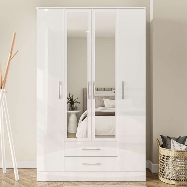 Lynx 4 Door 2 Drawer White Mirror Wardrobe - image 1