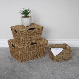 JVL Seagrass Rectangular Storage Baskets with Lids 3 Pack - thumbnail 2
