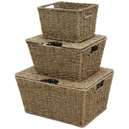 JVL Seagrass Rectangular Storage Baskets with Lids 3 Pack - thumbnail 1