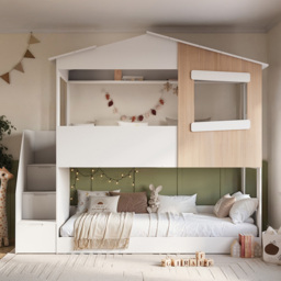 Flair Dreamland White and Oak Play House Staircase Bunk Bed