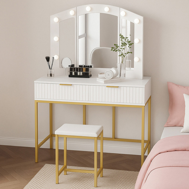 Kosy Koala Lilly 2 Drawer White and Gold Dressing Table Set with LED Mirror - image 1