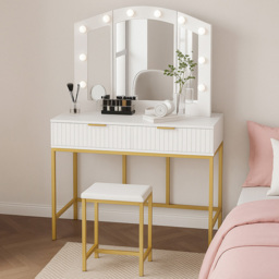 Kosy Koala Lilly 2 Drawer White and Gold Dressing Table Set with LED Mirror