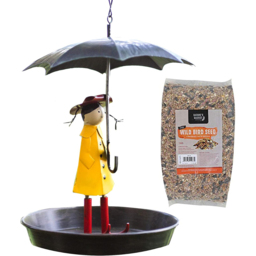 Marco Paul Novelty Hanging Metal Umbrella Girl Bird Feeder with Bird Seed Food 1kg