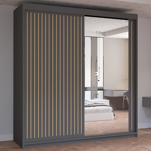 M N Furniture Roman 2 Door Grey and Oak Mirrored Sliding Wardrobe 203cm - image 1