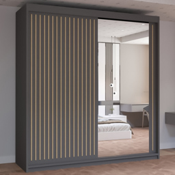 M N Furniture Roman 2 Door Grey and Oak Mirrored Sliding Wardrobe 203cm
