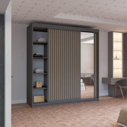 M N Furniture Roman 2 Door Grey and Oak Mirrored Sliding Wardrobe 203cm - thumbnail 3