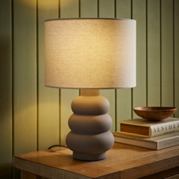 ValueLights Rochelle Natural Linen Drum Shade Grey Bubble Stack Ceramic Table Lamp - thumbnail 2