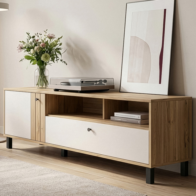 Florence Grafton Single Door Single Drawer 2 Shelf Cream and Oak TV Unit - image 1