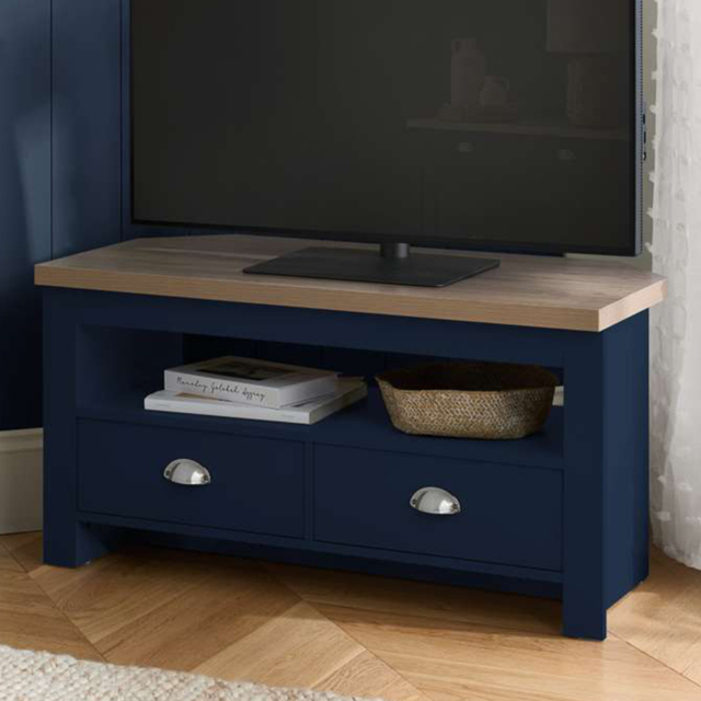 Highgate 2 Drawer Navy and Oak Corner TV Unit - image 1