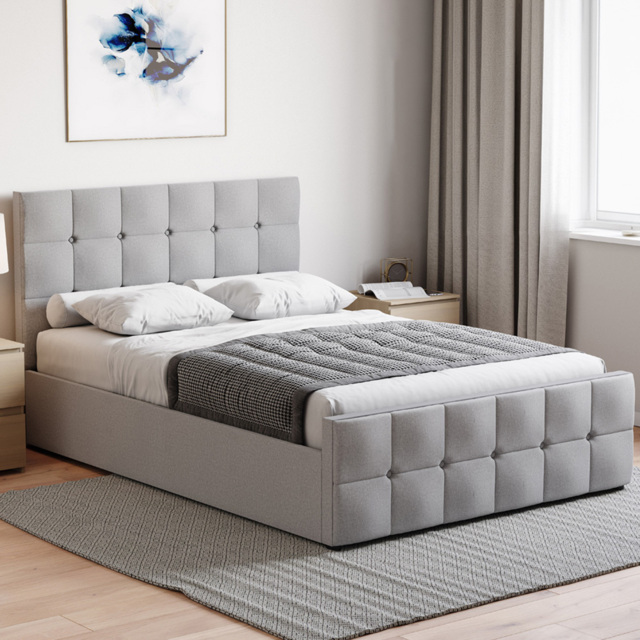 Vida Designs Valentina Double Light Grey Linen Ottoman Bed with Gel Memory Foam Mattress - image 1