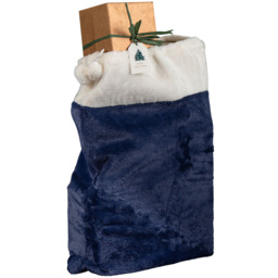 Samuel Alexander Blue Plush White Faux Fur Trim and Pom Poms Sack Christmas Decoration 80 x 55cm - thumbnail 1