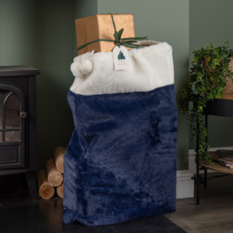 Samuel Alexander Blue Plush White Faux Fur Trim and Pom Poms Sack Christmas Decoration 80 x 55cm - thumbnail 2