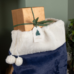 Samuel Alexander Blue Plush White Faux Fur Trim and Pom Poms Sack Christmas Decoration 80 x 55cm - thumbnail 3