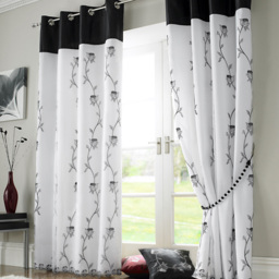 Alan Symonds Tahiti Floral Lined Ring Top Eyelet Voile Curtains Black and White 142 x 137cm