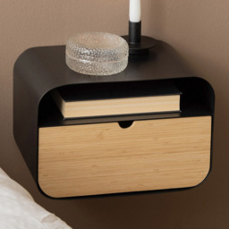 Florence Joliet Single Drawer Single Shelf Black and Bamboo Wall Mounted Bedside Table