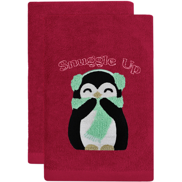 Noel Square Red Penguins Snuggle Cotton Velour Hand Towel 2 Pack - image 1