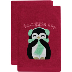 Noel Square Red Penguins Snuggle Cotton Velour Hand Towel 2 Pack