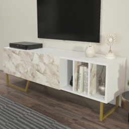 Decorotika Linossa White Marble Effect and Gold 2 Door 3 Shelf TV Unit