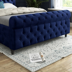 Savana Single Blue Soft Velvet Upholstered Sleigh Bed Frame with Scrolled Headboard - thumbnail 4