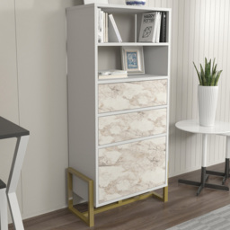 Decorotika Utopie White and Marble Effect 3 Cabinet and 2 Shelf Modern Bookshelf